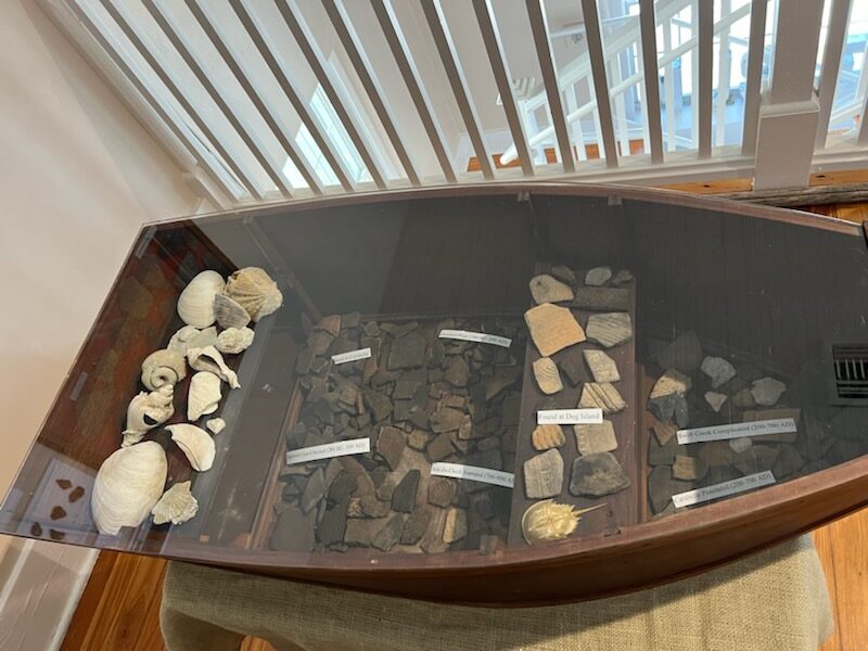 Prehistoric shells and pottery pieces sit under glass in a small boat shaped display case